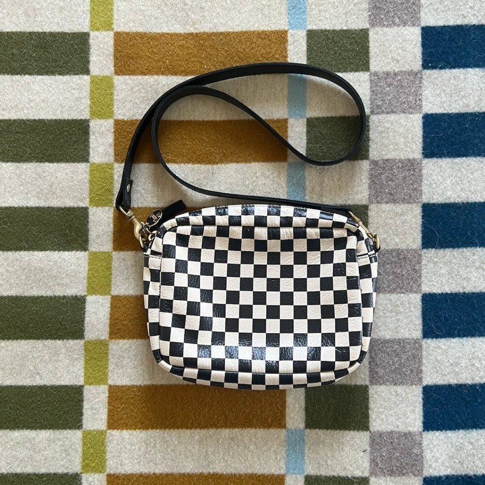 Clare V Midi Sac Bag Checkered Crossbody Bag Purse Small Black and White